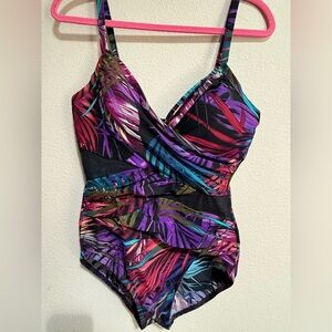 Miraclesuit Sz 12 Black Criss Cross Swimwear with Multicolor Floral Trim & Mesh